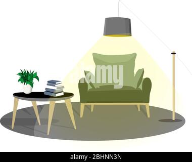 SCENA INTERNA. SEDIA E TORCHER. I LIBRI SONO IN POSA SUL TAVOLO DELLA RIVISTA. ATMOSFERA ACCOGLIENTE. ILLUSTRAZIONE VETTORIALE DELLA CASA.. Illustrazione Vettoriale