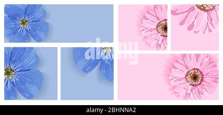Set vettoriale di modelli per la pubblicità. Estate sfondo luminoso con fiori. Colori rosa e blu. CopySpace. Formato Instagram.. Illustrazione Vettoriale