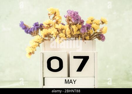 Calendario cubo bianco per maggio decorato con fiori su sfondo verde con spazio copia Foto Stock
