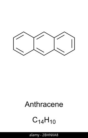 Formula scheletrica e struttura molecolare dell'antracene. Idrocarburo aromatico policiclico, PAH. Un componente di catrame di carbone e fumo di tabacco. Foto Stock