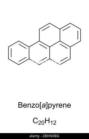 Formula scheletrica benzopirene e struttura molecolare. Idrocarburo aromatico policiclico, PAH. Cancerogeno. In catrame di carbone, fumo di tabacco e carne alla griglia. Foto Stock