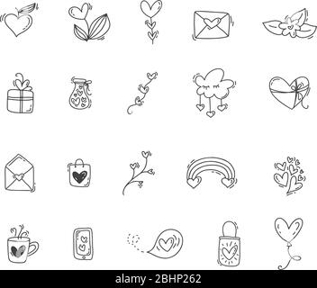 Doodle icona Lover cuore set. Elementi del Internet del fotoricettore della monolina di Valentine. Arcobaleno e fiori, nuvole e buste, pacchetti Illustrazione Vettoriale