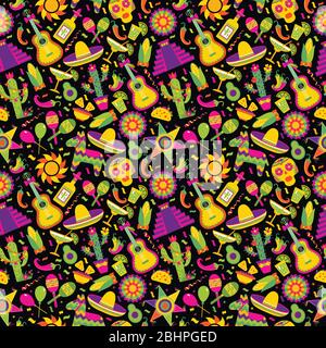 Pattern vettoriale senza cuciture con elementi messicani - chitarra, sombrero, tequila, taco, cranio su nero. Sfondo artistico perfetto per il tuo design. Illustrazione Vettoriale