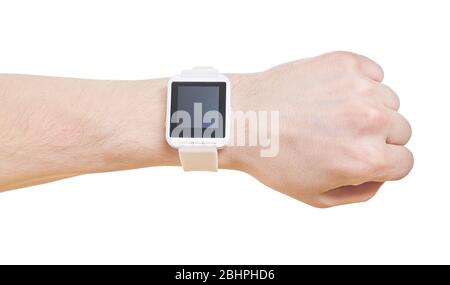 Orologio intelligente da indossare a mano su sfondo bianco isolato. Primo piano Foto Stock