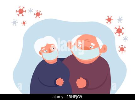 Illustrazione vettoriale Coronavirus e anziani. Vecchia coppia in maschera medica stare insieme. Generazione di anziani e nuovi tipi di polmonite. Illustrazione Vettoriale