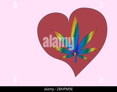 foglia di cannabis dipinta con colori arcobaleno sullo sfondo di un cuore rosso disegnato a mano su sfondo rosa. Simboli LGBT Illustrazione Vettoriale