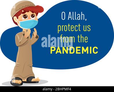 Ragazzo musulmano che prega per Allah, proteggici dal Coronavirus Pandemico Illustrazione Vettoriale