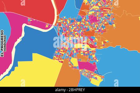 Mappa vettoriale colorata di El Progreso, Yoro, Honduras. Modello Art Map per autostampare opere d'arte murali in formato orizzontale. Illustrazione Vettoriale