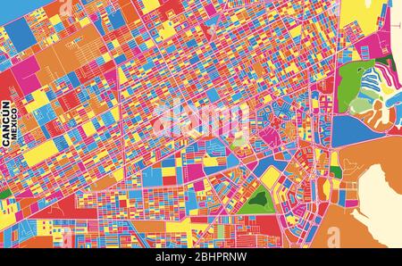 Mappa vettoriale colorata di Cancún, Quintana Roo, Messico. Modello Art Map per autostampare opere d'arte murali in formato orizzontale. Illustrazione Vettoriale