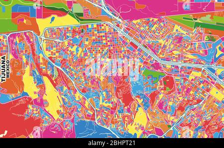 Mappa vettoriale colorata di Tijuana, Baja California, Messico. Modello Art Map per autostampare opere d'arte murali in formato orizzontale. Illustrazione Vettoriale