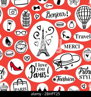 Parigi disegni senza cuciture illustrazioni di moda nera disegnate a mano Torre Eiffel ed elementi di stile francese. Design della superficie Vector Travel. Adesivi su rosso Illustrazione Vettoriale