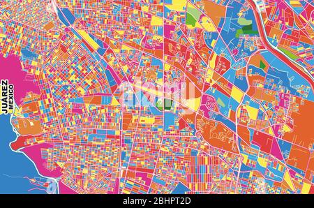 Mappa vettoriale colorata di Juárez, Chihuahua, Messico. Modello Art Map per autostampare opere d'arte murali in formato orizzontale. Illustrazione Vettoriale