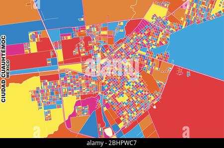 Mappa vettoriale colorata di Ciudad Cuauhtémoc, Chihuahua, Messico. Modello Art Map per autostampare opere d'arte murali in formato orizzontale. Illustrazione Vettoriale