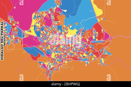 Mappa vettoriale colorata di Hidalgo del Parral, Chihuahua, Messico. Modello Art Map per autostampare opere d'arte murali in formato orizzontale. Illustrazione Vettoriale