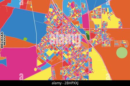 Mappa vettoriale colorata di Delicias, Chihuahua, Messico. Modello Art Map per autostampare opere d'arte murali in formato orizzontale. Illustrazione Vettoriale