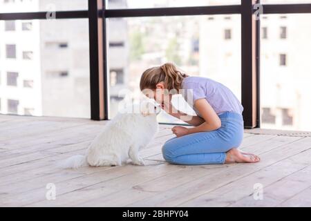 Ragazza adolescente carina che allenano il suo cane spitz a casa. Miglior amico durante la quarantena coronavirus Foto Stock