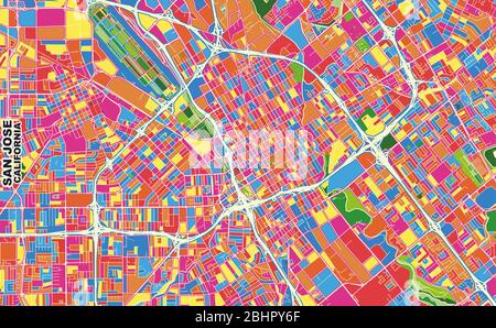 Mappa vettoriale colorata di San Jose, California, Stati Uniti. Modello Art Map per autostampare opere d'arte murali in formato orizzontale. Illustrazione Vettoriale