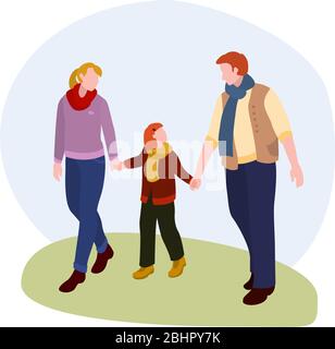 Famiglia per una passeggiata sulla strada illustrazione vettoriale dalla collezione di famiglia. Cartoni animati piatti isolati su bianco Illustrazione Vettoriale