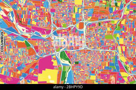 Mappa vettoriale colorata di Columbus, Ohio, Stati Uniti. Modello Art Map per autostampare opere d'arte murali in formato orizzontale. Illustrazione Vettoriale