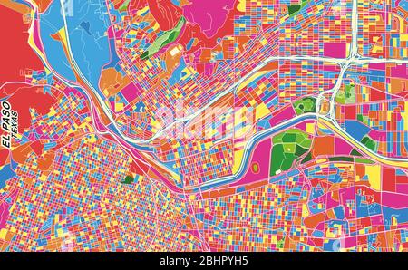 Mappa vettoriale colorata di El Paso, Texas, Stati Uniti. Modello Art Map per autostampare opere d'arte murali in formato orizzontale. Illustrazione Vettoriale