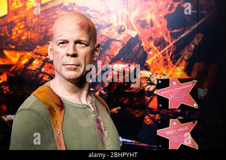 Londra, Inghilterra, Regno Unito - 2 gennaio 2020: Statue di cera di Bruce Willis create da Madam Tussauds nel 1884, museo di cere Madame Tussauds, uno dei p Foto Stock
