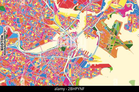 Mappa vettoriale colorata di Boston, Massachusetts, Stati Uniti. Modello Art Map per autostampare opere d'arte murali in formato orizzontale. Illustrazione Vettoriale