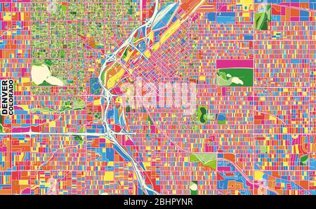 Mappa vettoriale colorata di Denver, Colorado, U.S.A. Modello Art Map per autostampare opere d'arte murali in formato orizzontale. Illustrazione Vettoriale