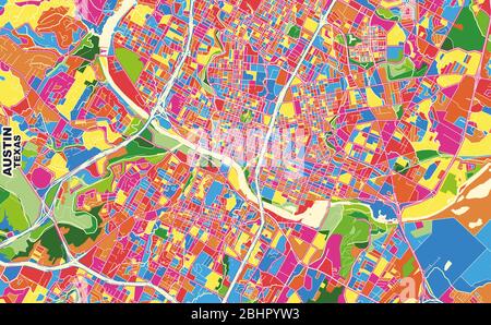 Mappa vettoriale colorata di Austin, Texas, Stati Uniti. Modello Art Map per autostampare opere d'arte murali in formato orizzontale. Illustrazione Vettoriale