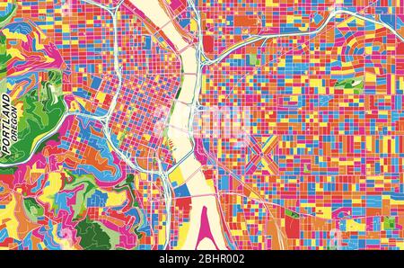 Mappa vettoriale colorata di Portland, Oregon, Stati Uniti. Modello Art Map per autostampare opere d'arte murali in formato orizzontale. Illustrazione Vettoriale