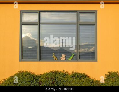 Wellington. 30 Marzo 2020. Foto scattata il 30 marzo 2020 mostra i giocattoli esposti in una finestra di una casa a Wellington, Nuova Zelanda. La Nuova Zelanda passerà dal livello di allerta COVID-19 4 al livello di allerta 3 alle 11:59 di lunedì, rilassandosi su alcune aziende. Il paese rimarrà nel livello di allerta 3 per due settimane prima di un'ulteriore revisione e di una decisione sul livello di allerta il 11 maggio. PER ANDARE CON: 'La Nuova Zelanda riporta 1 più COVID-19 morte, portando il tributo a 19' Credit: Guo Lei/Xinhua/Alamy Live News Foto Stock