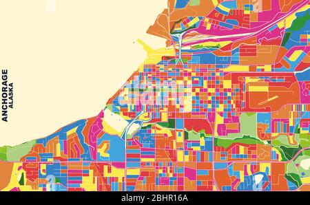 Mappa vettoriale colorata di Anchorage, Alaska, U.S.A. Modello Art Map per autostampare opere d'arte murali in formato orizzontale. Illustrazione Vettoriale