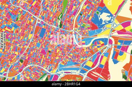 Mappa vettoriale colorata di Newark, New Jersey, Stati Uniti. Modello Art Map per autostampare opere d'arte murali in formato orizzontale. Illustrazione Vettoriale