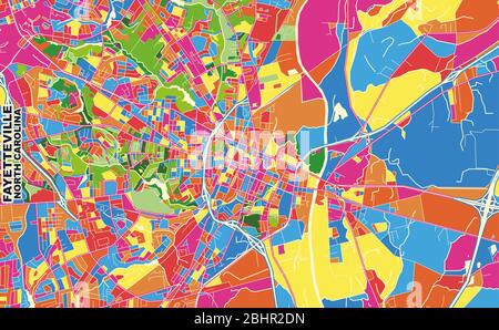 Mappa vettoriale colorata di Fayetteville, Carolina del Nord, Stati Uniti. Modello Art Map per autostampare opere d'arte murali in formato orizzontale. Illustrazione Vettoriale