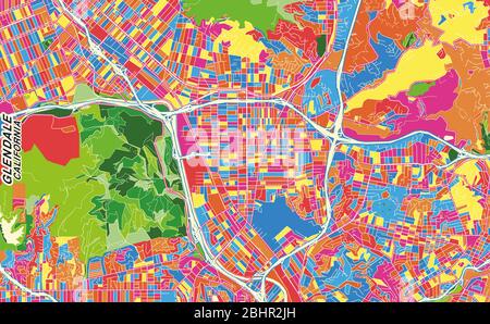 Mappa vettoriale colorata di Glendale, California, USA. Modello Art Map per autostampare opere d'arte murali in formato orizzontale. Illustrazione Vettoriale