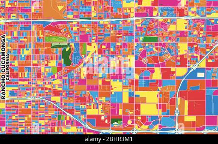 Mappa vettoriale colorata di Rancho Cucamonga, California, USA. Modello Art Map per autostampare opere d'arte murali in formato orizzontale. Illustrazione Vettoriale