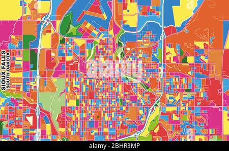 Mappa vettoriale colorata di Sioux Falls, South Dakota, USA. Modello Art Map per autostampare opere d'arte murali in formato orizzontale. Illustrazione Vettoriale