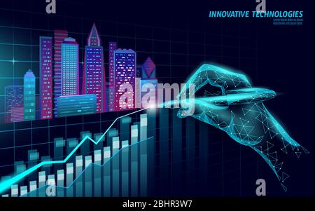 Grafico in crescita 3D con città smart a bassa poli. Concetto aziendale del sistema di automazione intelligente degli edifici. Mano con punto di riferimento. Architettura urbana paesaggio urbano Illustrazione Vettoriale