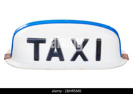 Vintage bianco con cartello blu per taxi isolato su sfondo bianco Foto Stock