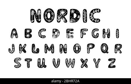 Alpabet disegnato a mano con elementi di erbe nordiche su di esso. Lettere carine in stile scandinavo moderno. Isolato su sfondo bianco. Scorta vettoriale Illustrazione Vettoriale