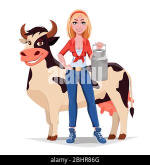 Felice ragazza fattoria sorridente si trova vicino alla mucca e tiene lattina. Bella donna contadina personaggio cartoon. Illustrazione vettoriale Illustrazione Vettoriale