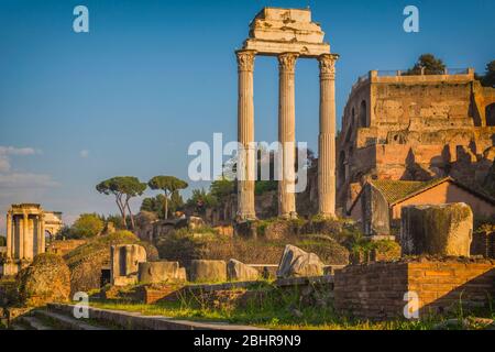 Roma, Italia. Il Foro Romano. Le tre colonne sono i resti del Tempio di Castor e Pollux (Tempio di Castore e Polluce). Il centro storico Foto Stock