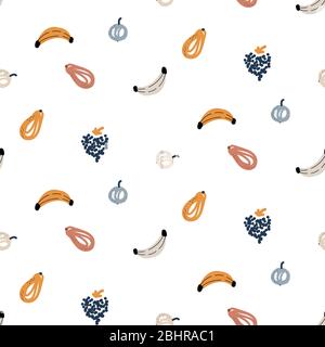 Frutta di sfondo modello disegnato a mano. Design con impacco per frutta tropico senza cuciture. Illustrazione Vettoriale