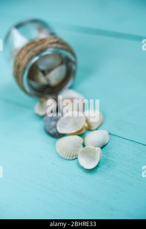 Ricordi in un piccolo vaso di vetro. Conchiglie marine all'interno di vasi e su sfondo di legno turchese. Foto Stock