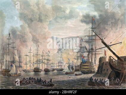 Il bombardamento di Algeri, 27 agosto 1816. Una flotta combinata di navi inglesi e olandesi ha bombardato Algeri in rappresaglia per continue attività di pirateria e schiavitù. Da un attacco contemporaneo di Nicolaus Heideloff, dopo Jan Willem Pieneman. Foto Stock