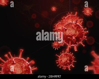 Infezione da coronavirus COVID-19 illustrazione medica 3D. Cellule del virus dell'influenza respiratoria patogeno cinese fluttuante. Foto Stock