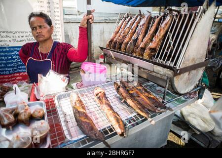 Venditore di pesce alla griglia al mercato di strada a Samut Sakhon, Bangkok, Thailandia. Foto Stock