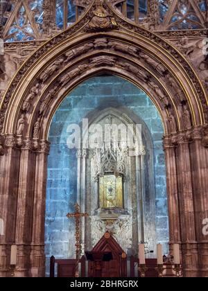 Retablo gótico de alabastro de la Capilla del Santo Cáliz. Catedral de Valencia. Comunidad Valenciana. España Foto Stock