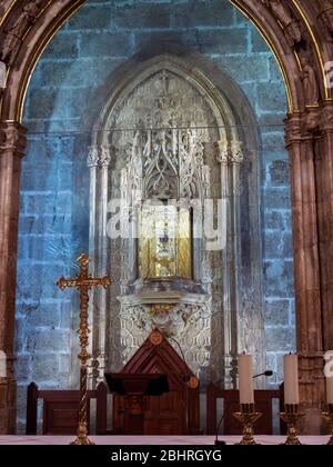 Retablo gótico de alabastro de la Capilla del Santo Cáliz. Catedral de Valencia. Comunidad Valenciana. España Foto Stock