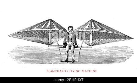 Jean-Pierre Blanchard (1753 - 1809) inventore francese: Prima macchina volante fallita con ali che battono per mezzo di leve e pedali nel 1781 Foto Stock