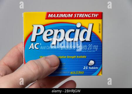 Scatola di Pepcid AC antiacido medicinale over-the-counter Foto Stock